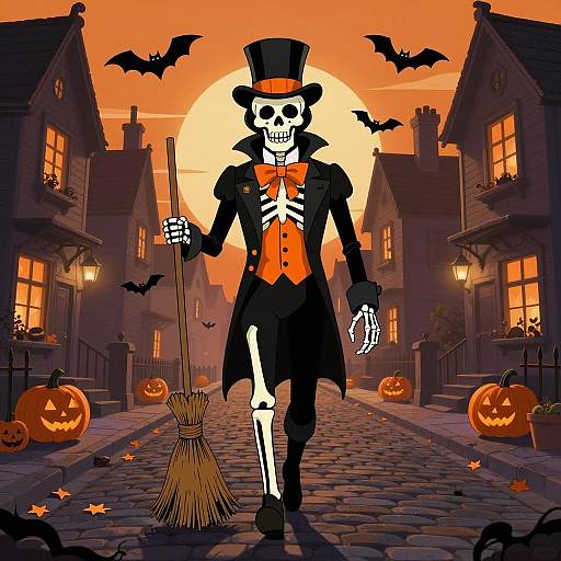Halloween Skeleton in Victorian Outfit on Cobblestone Street