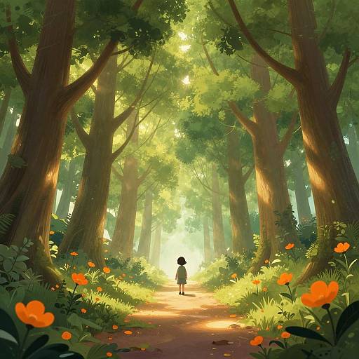 Digital illustration of a sunlit forest path with towering trees, vibrant orange flowers, and a lone, small silhouette walking forward.