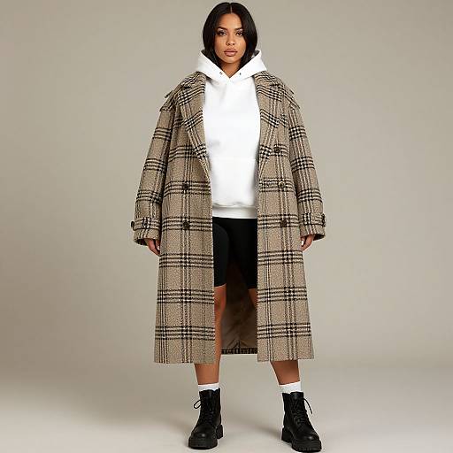 Photograph of a woman with black hair in a white hoodie, black shorts, white socks, and black boots, wearing a long beige and black pl