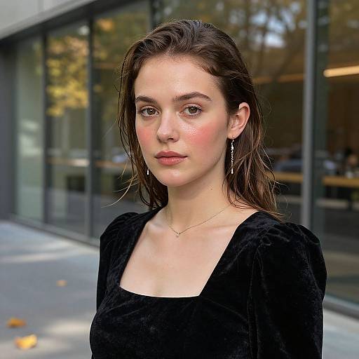 Photograph of a young woman with fair skin, brown eyes, and wet, shoulder-length brown hair, wearing a black velvet top and silver earrings,