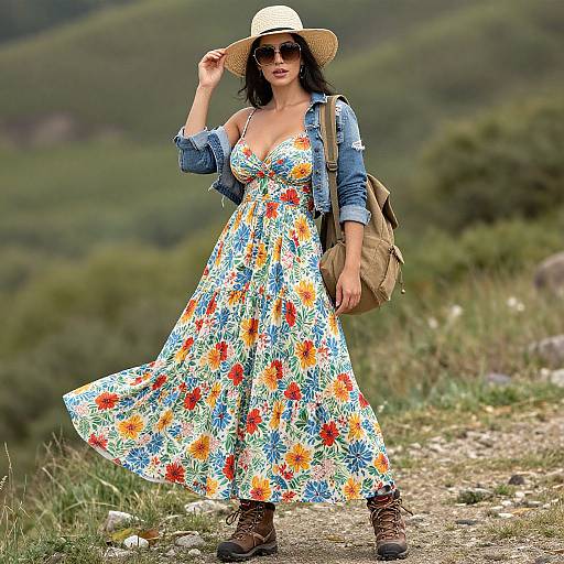 Photograph of a woman in a sunhat, floral dress, denim jacket, brown boots, and backpack, standing on a grassy path.