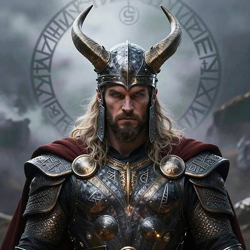 Digital art of a muscular Viking warrior with long blonde hair, horned helmet, and ornate silver armor, standing before a mystical, cloudy background with