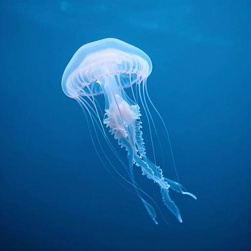 Photograph of a glowing, translucent blue jellyfish with delicate, flowing tentacles against a deep blue underwater background.