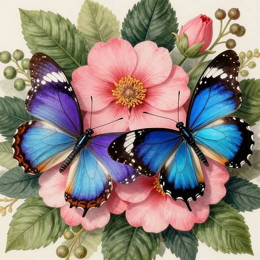 Digital illustration of two vibrant blue and black butterflies with white spots, resting on a pink flower with green leaves and small berries.