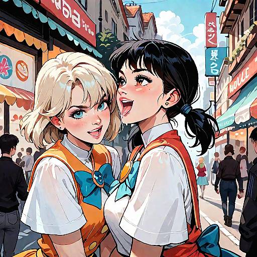 Anime Magical Girls on Busy Street