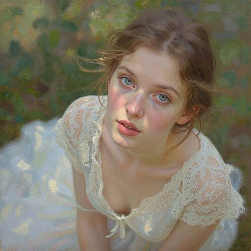 Digital painting of a young woman with fair skin, blue eyes, and brown hair, wearing a lace, white, short-sleeved dress, kneeling