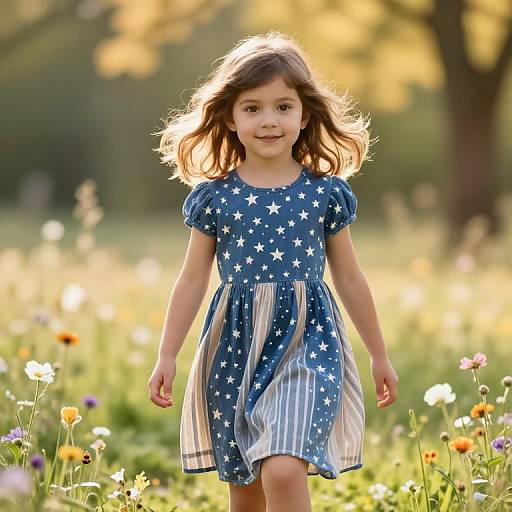 Photograph of a young girl with wavy brown hair, wearing a blue dress with white stars and striped accents, standing in a sunlit meadow