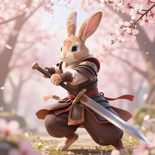 Digital art of an anthropomorphic rabbit warrior in samurai armor, holding a sword, amidst cherry blossoms with sunlight filtering through.