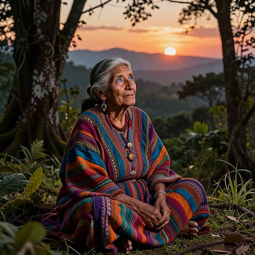 Photograph of an elderly woman with gray hair, wearing a vibrant, multicolored striped shawl, sitting in a forest at sunset, with mountains