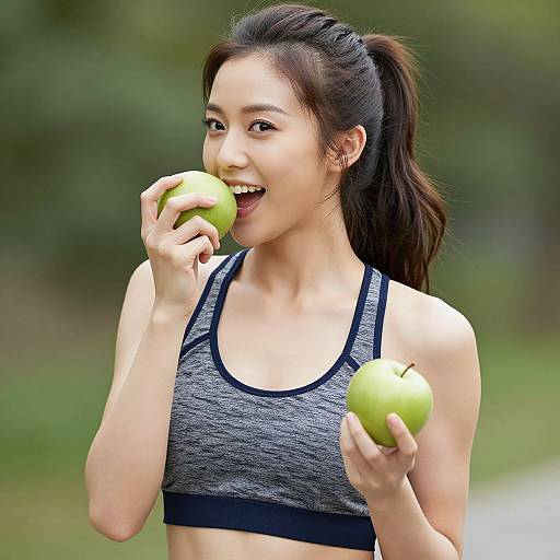 Photograph of an Asian woman with long black hair in a ponytail, wearing a gray sports bra, smiling while eating a green apple, holding another