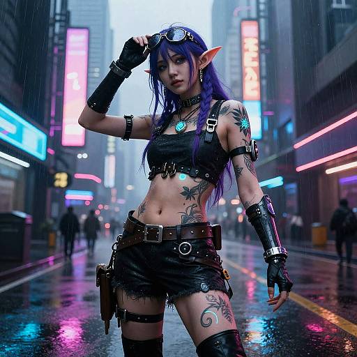 Cyberpunk elf cosplay: purple-haired, tattooed woman in black leather crop top, shorts, and fingerless gloves, standing in a neon-l