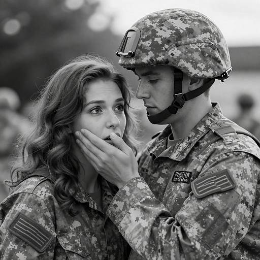 Black-and-White Soldier Covering Woman's Mouth