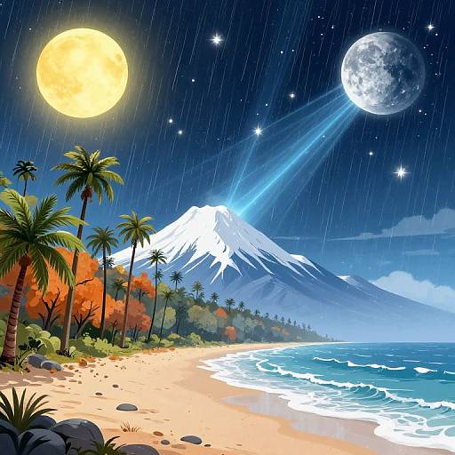 Digital illustration of a rainy tropical beach with palm trees, a snow-capped mountain, dual moons, and colorful autumn foliage.