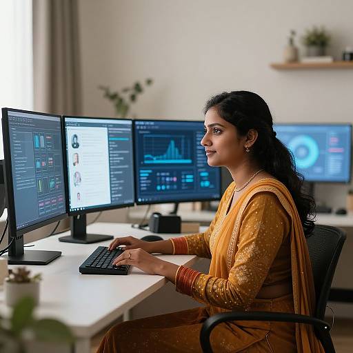 Photograph of a South Asian woman with long black hair in an orange traditional dress, sitting at a white desk working on multiple computer monitors in a bright