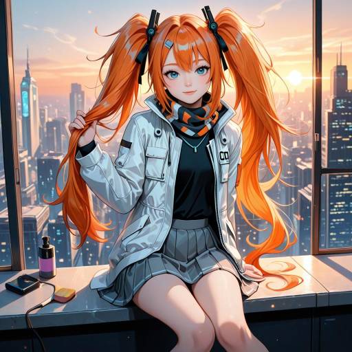 Cyberpunk Girl with Long Orange Hair