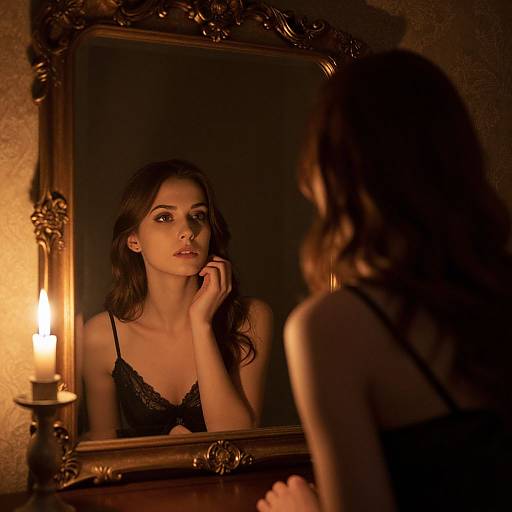 Photograph of a young woman with long brown hair, wearing a black lace camisole, reflected in an ornate, gold-framed mirror,