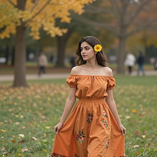Young Woman in Orange Dress with Flower in Hair in Autumn Park