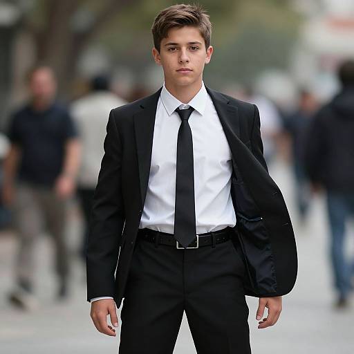 Photograph of a young, handsome Caucasian male with short brown hair, wearing a black suit, white shirt, and black tie, walking confidently down a