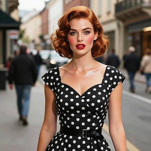 Photorealistic digital image of a fair-skinned, red-haired woman with vintage curled hair, wearing a black polka dot dress, red lipstick,