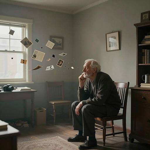 Elderly Man Reflecting with Floating Memories