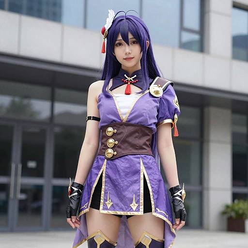 Cosplayer in Purple and Gold Costume Outdoors