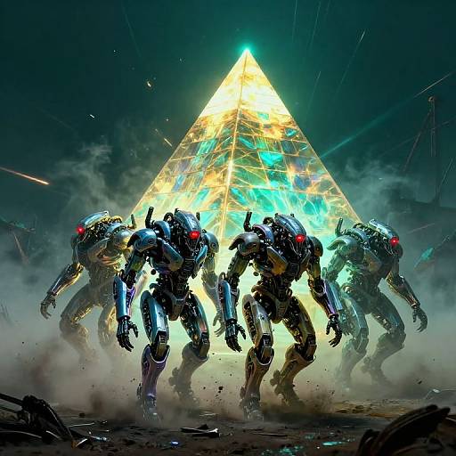 Digital artwork of four robotic soldiers with glowing red eyes, marching towards a luminous, triangular pyramid in a smoky, dark landscape.