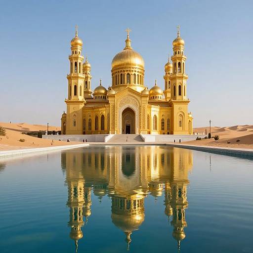 Photograph of a golden-domed mosque with two tall minarets, reflecting in a serene pool, set in a sandy desert landscape.