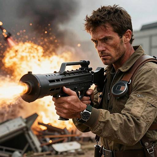 Photograph of a rugged, dirty, brown-haired man in military gear, firing a black assault rifle at an intense, blazing explosion in the background.