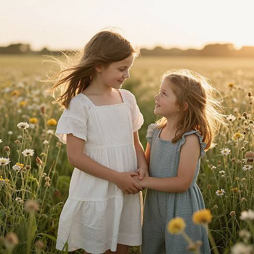 Photograph of two young girls, one in a white dress, the other in a blue checkered dress, holding hands in a sunlit meadow