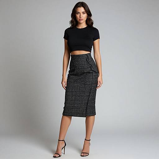Photograph of a young woman with wavy dark hair, wearing a black crop top and high-waisted, black textured pencil skirt, standing in