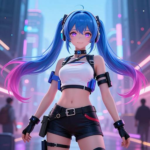 Digital anime-style artwork of a blue-haired, purple-eyed, futuristic girl with long twin-tails, wearing a white crop top, black shorts, and