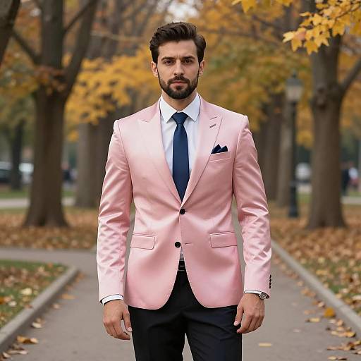 Man in Pink Satin Suit in Autumn Park
