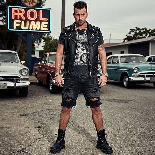 Photograph of a tattooed, bearded man in black punk attire, standing in front of vintage cars and a 