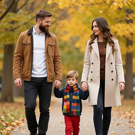 Photograph of a bearded man, long-haired woman, and young boy holding hands on a autumn pathway, wearing warm fall clothing.
