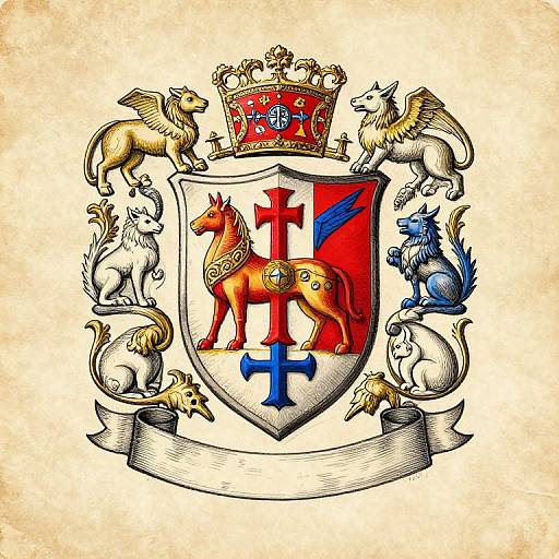 Colorful heraldic shield featuring a red and blue horse, crowned with a gold crown, flanked by winged lions and mythical creatures.