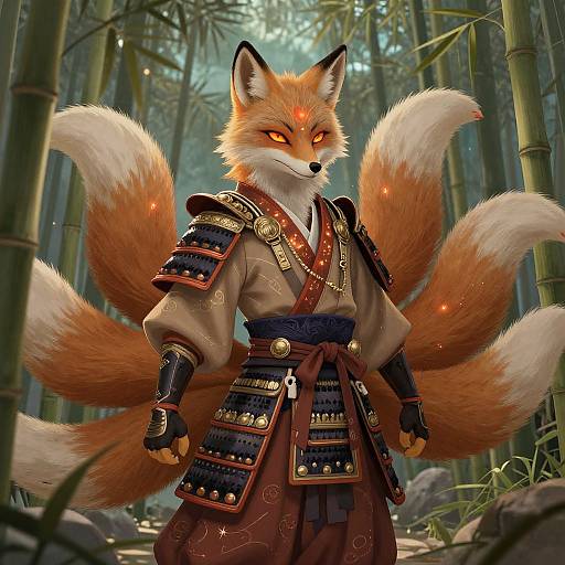 Digital illustration of an anthropomorphic fox with nine tails, wearing samurai armor, glowing orange eyes, in a bamboo forest.