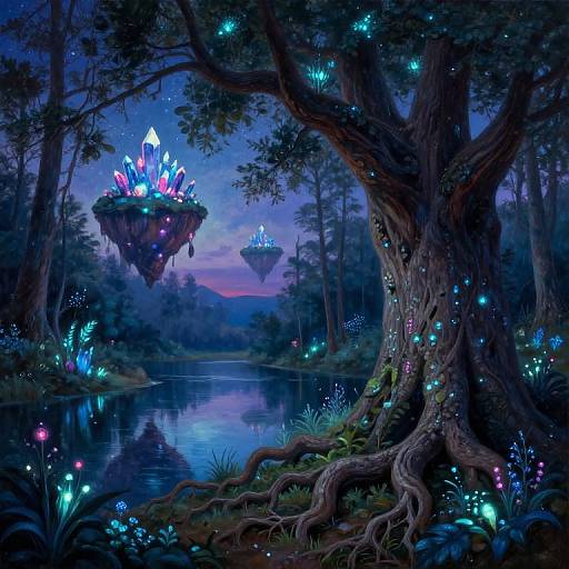 Digital fantasy artwork of a mystical forest at night, featuring glowing blue and purple crystals on floating islands, luminescent fireflies, and biolumines