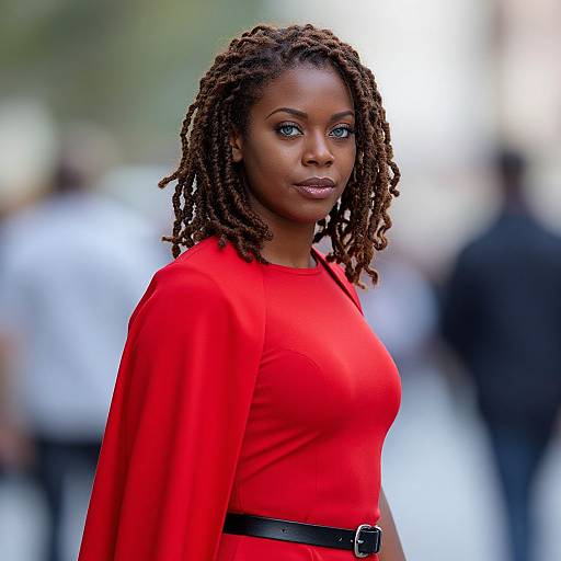 Photograph of a confident Black woman with dark brown, curly dreadlocks, wearing a vibrant red dress with a black belt, standing outdoors with a blurred