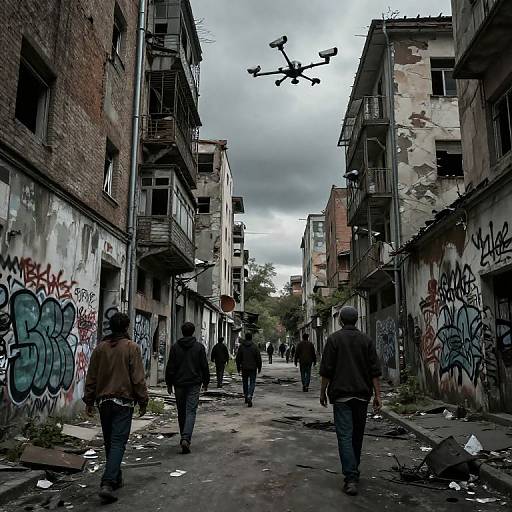 Abandoned, graffiti-covered urban alley with five people walking away; overcast sky, broken windows, and a silhouetted helicopter in the background