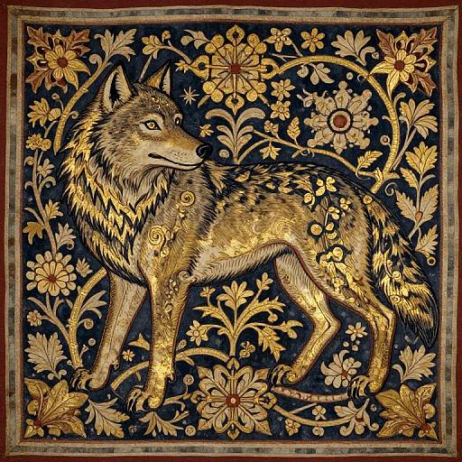 Intricate gold and black embroidered wolf amidst floral patterns, detailed with symmetrical flowers and leaves, framed by a mosaic border.
