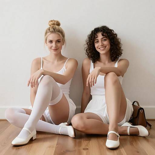 Two Women Smiling on Wooden Floor