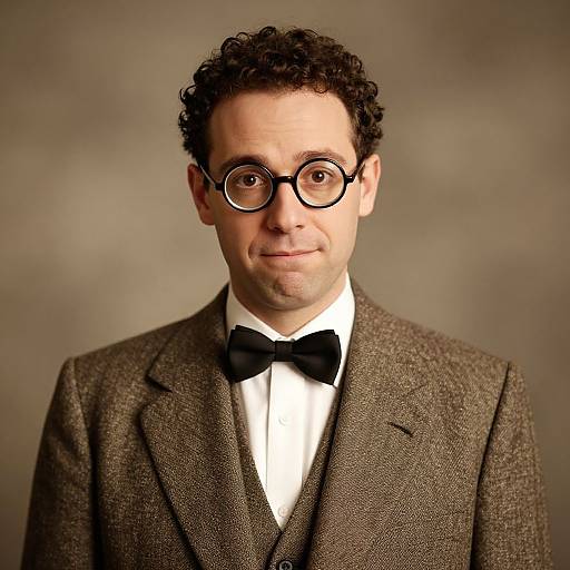 Photograph of a man with curly dark hair, round glasses, brown tweed suit, white shirt, black bow tie, neutral gray background.
