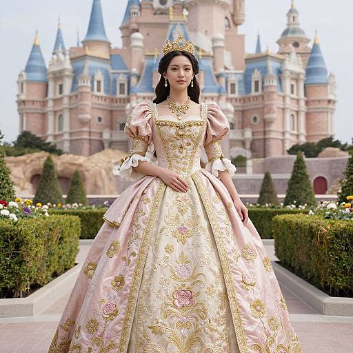 Photorealistic digital image of an elegant princess in an ornate pink and gold ball gown, standing before a fairy-tale castle with blue spires