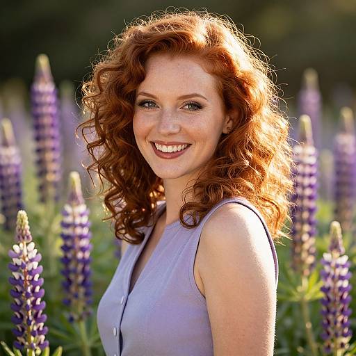 Photograph of a smiling red-haired woman with curly hair, wearing a sleeveless light purple top, standing in a sunlit field of purple lupines