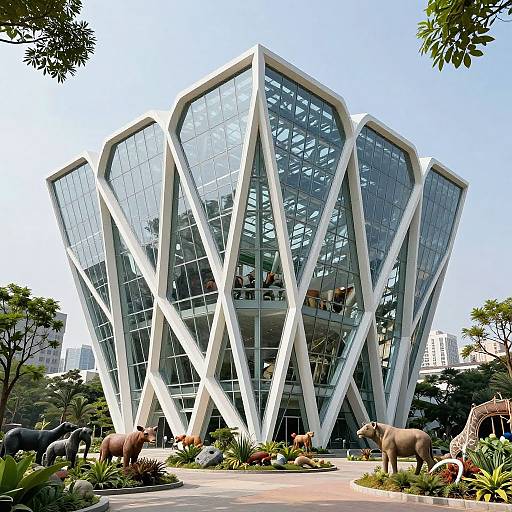 Photograph of a modern, geometric glass building with white, angular supports, surrounded by sculpted animals and lush greenery on a sunny day.