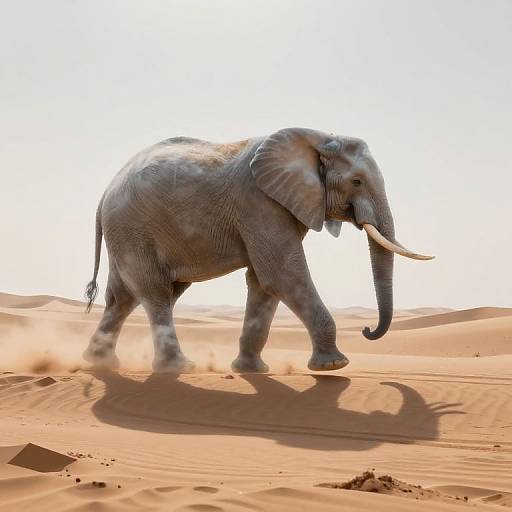 Photograph of a large, gray African elephant walking through a bright, sunlit, orange sandy desert, casting a distinct shadow on the ground.