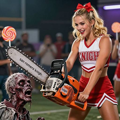 Cheerleader in red and white uniform, holding orange chainsaw, smiling, cuts zombie with 