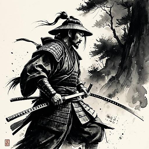 Ancient Samurai Ink Wash Painting