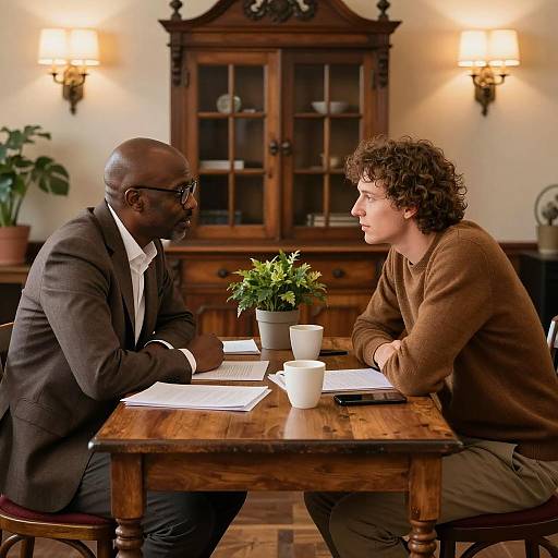 Two Men in Discussion at Wooden Table