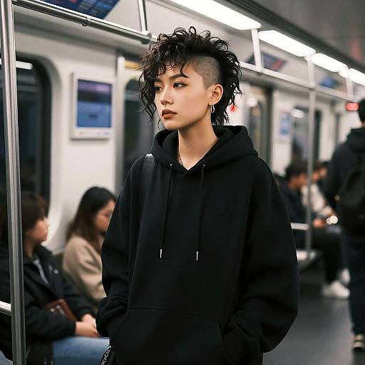 Photograph of a young woman with short, curly black hair, shaved side, wearing a black hoodie, standing on a brightly lit subway car with blurred
